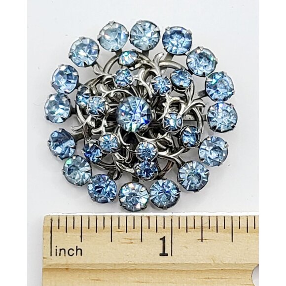 Brooch Pin Blue Rhinestone Layered Cluster Silver Tone Round Sparkly Mid-Century - Picture 8 of 8